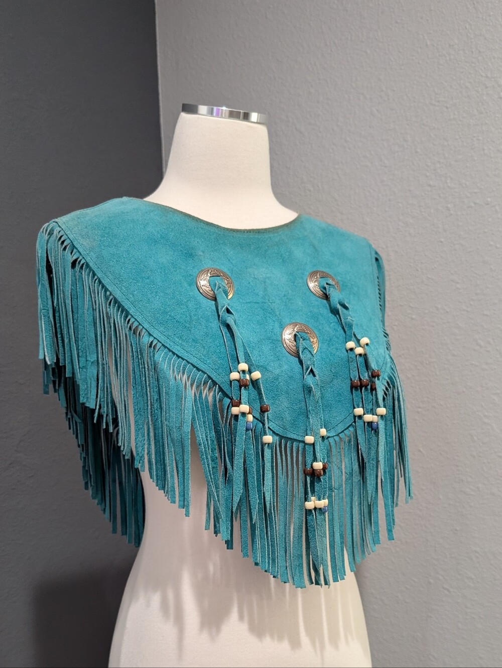 Vintage Steer Brand Teal Suede Fringe Cape with Conchos - Boho Western Statement